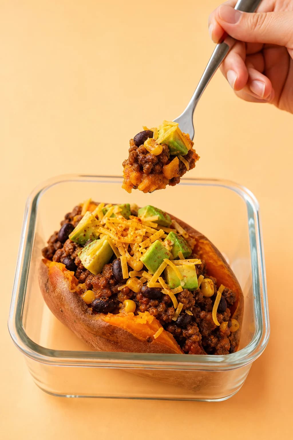 Loaded sweet potato with spiced beef and beans