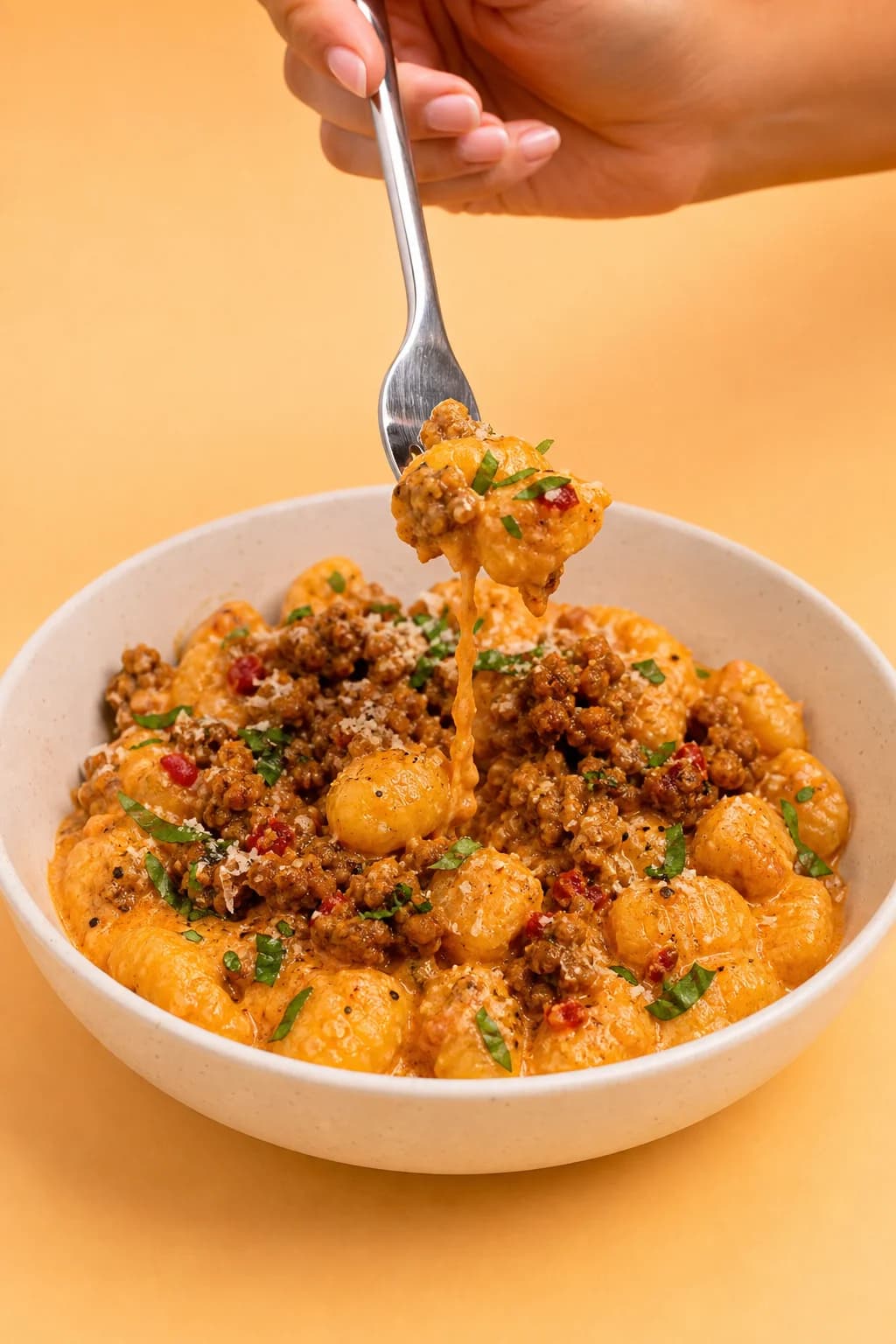 Creamy spicy vodka gnocchi with chicken crumbles