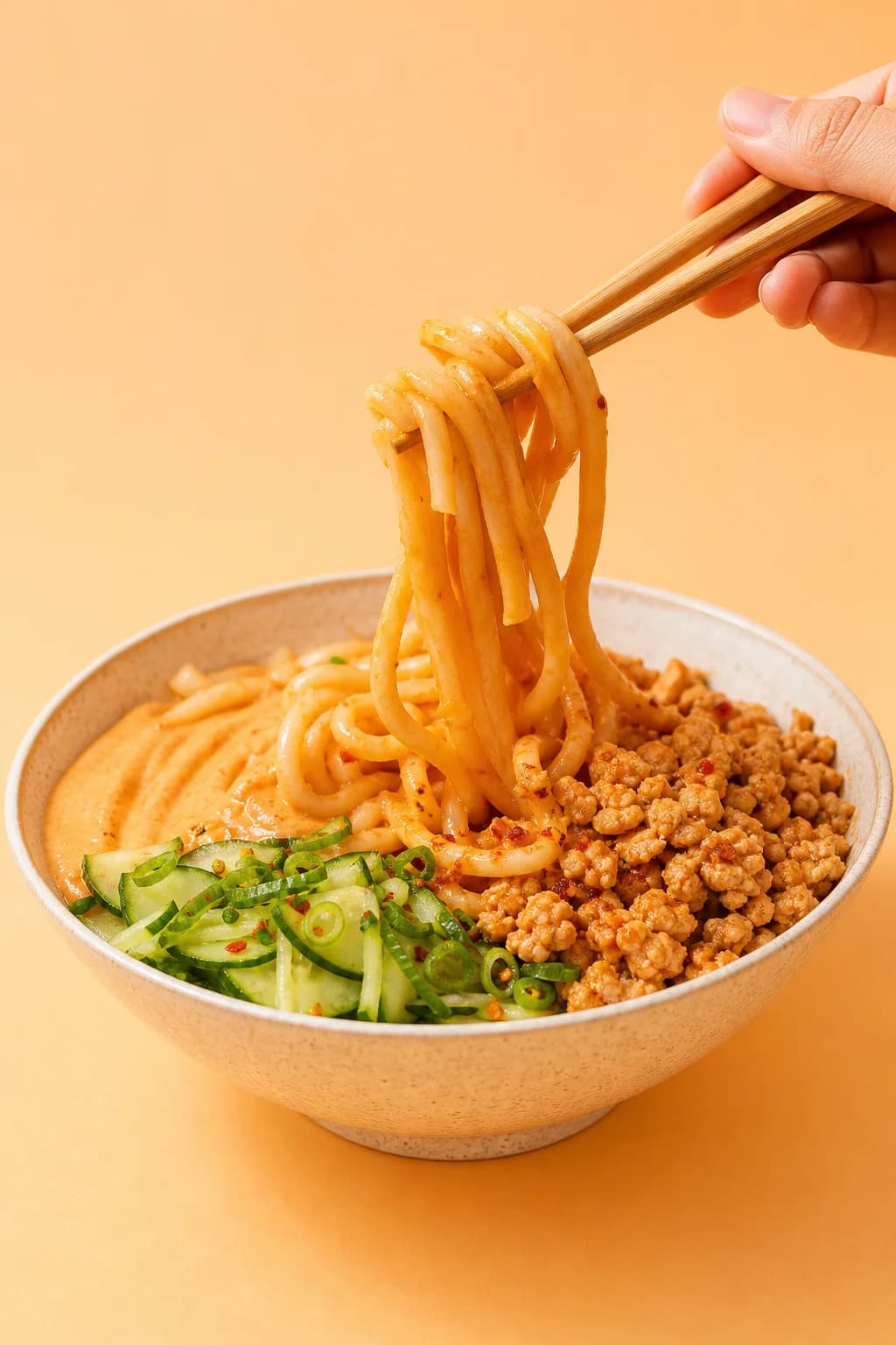 Spicy tofu and chicken udon noodles