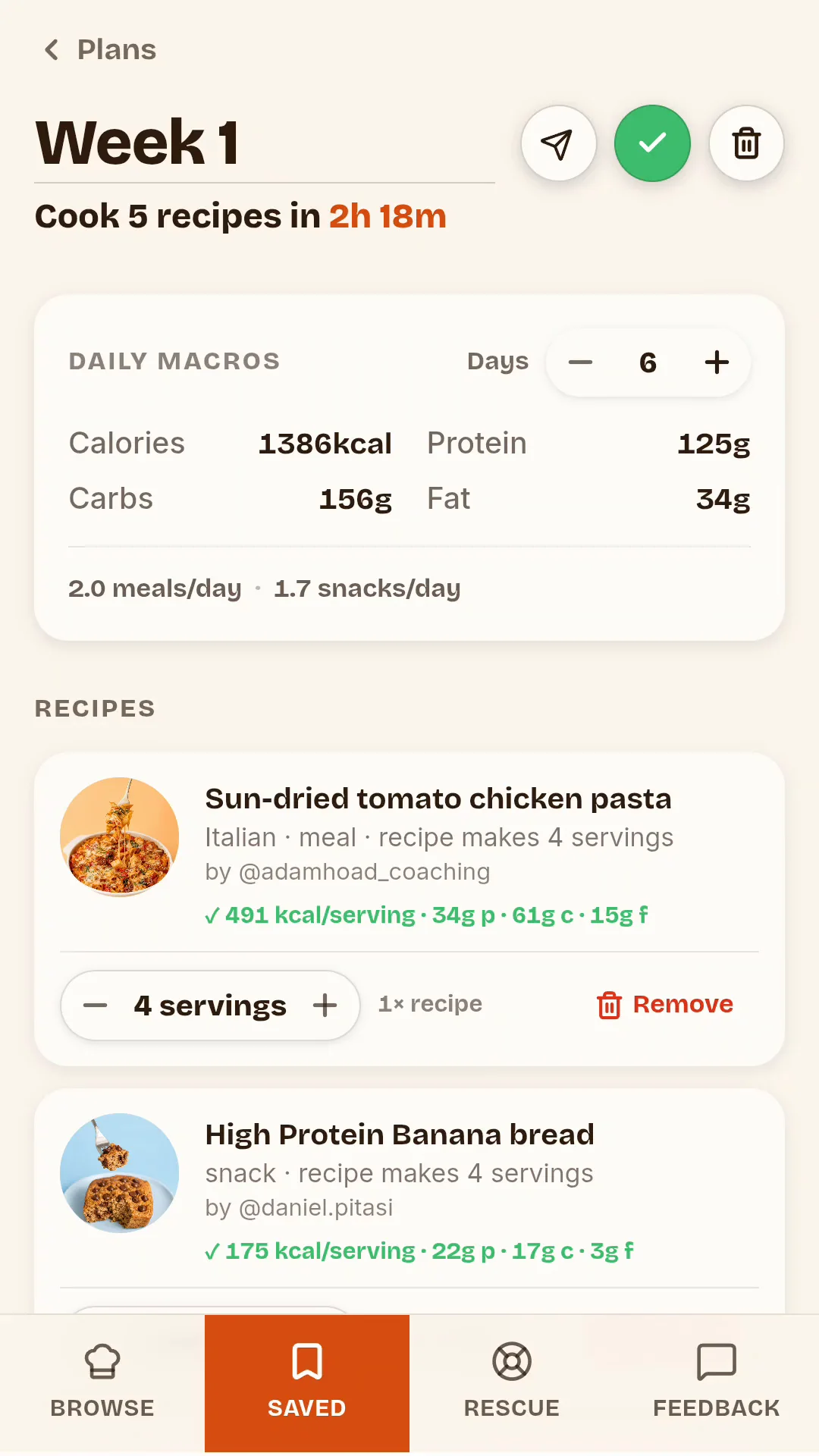 Sunday Chef Cook Plan showing a week's daily calories, protein, carbs, fat, and fiber